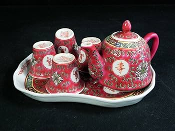 Amazon.co.jp: 中国景徳鎮◎茶器セット萬壽無疆赤釉粉彩花唐草